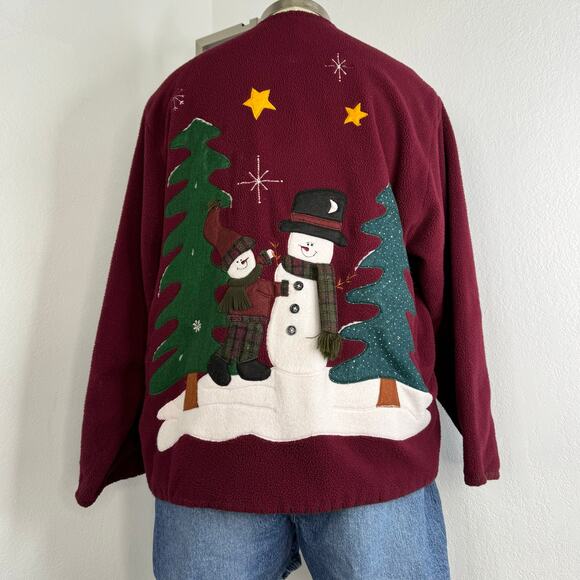Vintage 90s Snowman Winter Scene Fleece Women's Burgundy Large with Pockets - Picture 1 of 9